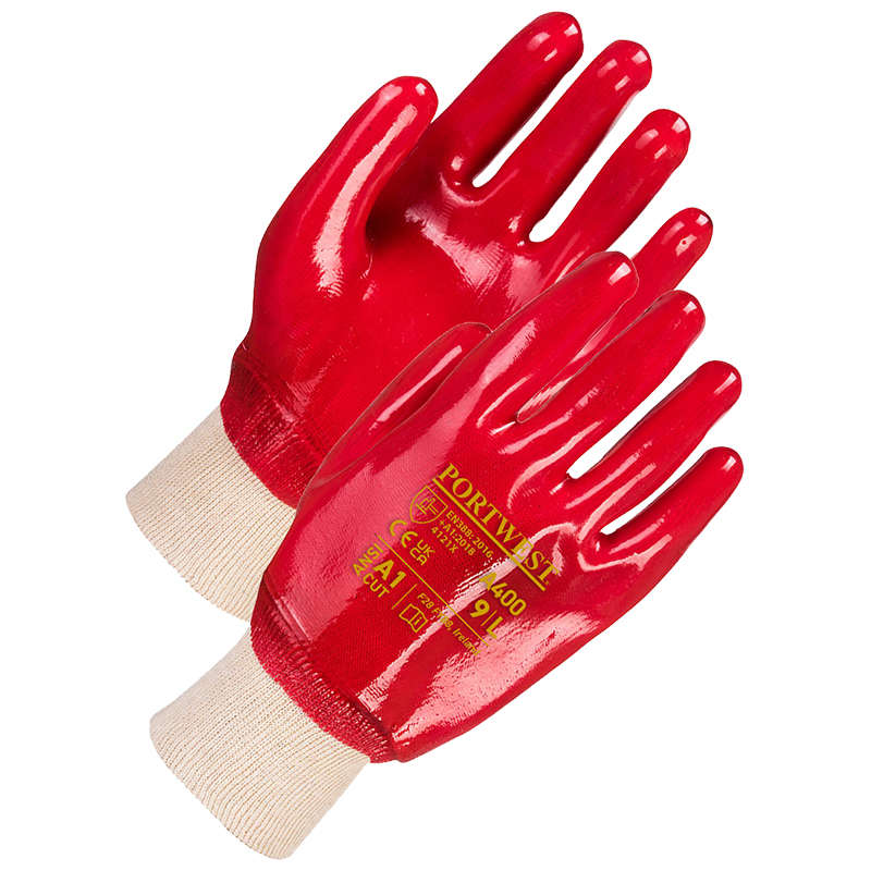 Guanti in PVC rosso con polsino in maglia