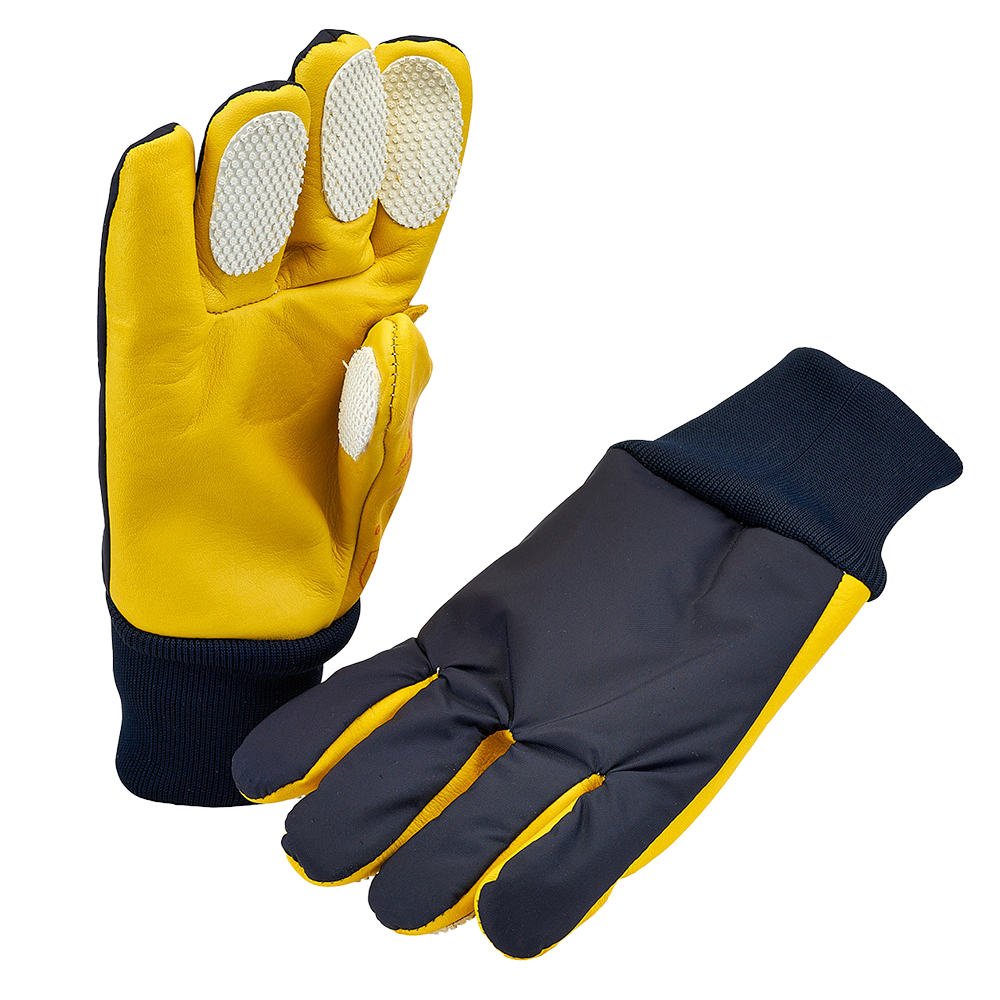 Handschoen "Gerlos", leer en nylon, bontvoering, geel/blauw