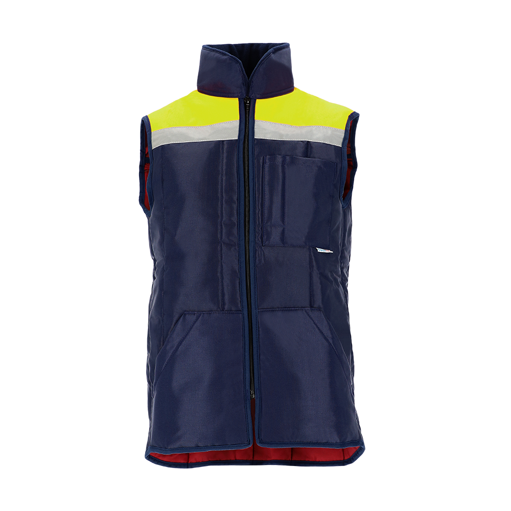 Diepvries bodywarmer Classic, marine/geel met reflectie